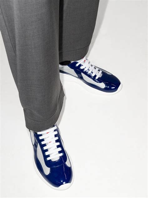 blue and white prada sneakers|blue patent leather Prada sneakers.